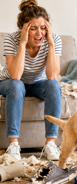 Frustrated owner with an out-of-control puppy in a destroyed living room