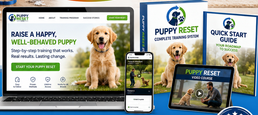 PuppyReset training system shown across laptop, phone and tablet with the complete training system and quick start guide